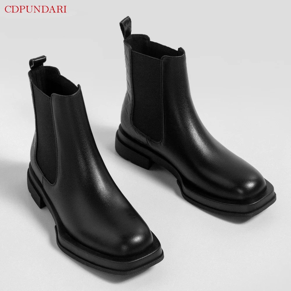 

Женские ботильоны из натуральной кожи, полусапожки на платформе и низком каблуке, черные, весна-осень