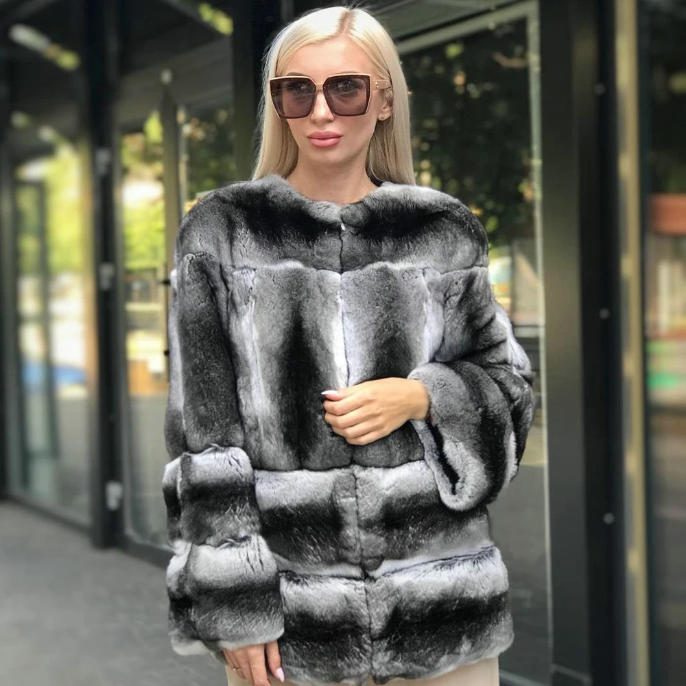 Женское зимнее пальто средней длины из натурального меха кролика рекс | Женская