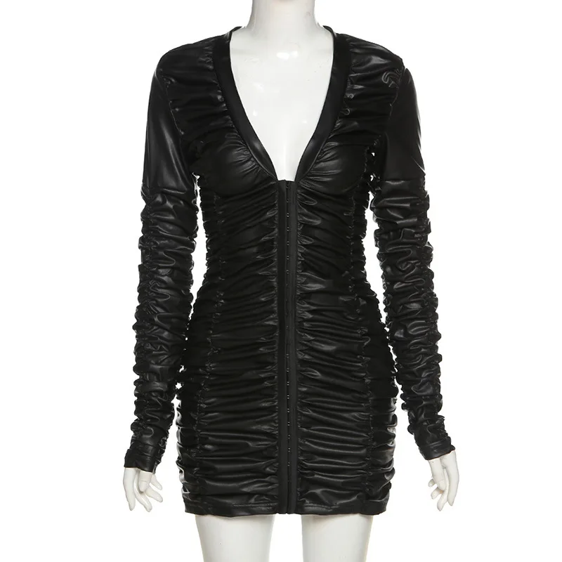 

Winter Autumn PU Leather Pleated stacked Mini Dress Long Sleeve V-neck Bodycon Black Long Sleeve Autumn Vintage Dresses Street