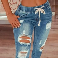 drawstring denim jeans for women ripped hole stretch jean fashion women elastic ladies plus size full length pencil pants