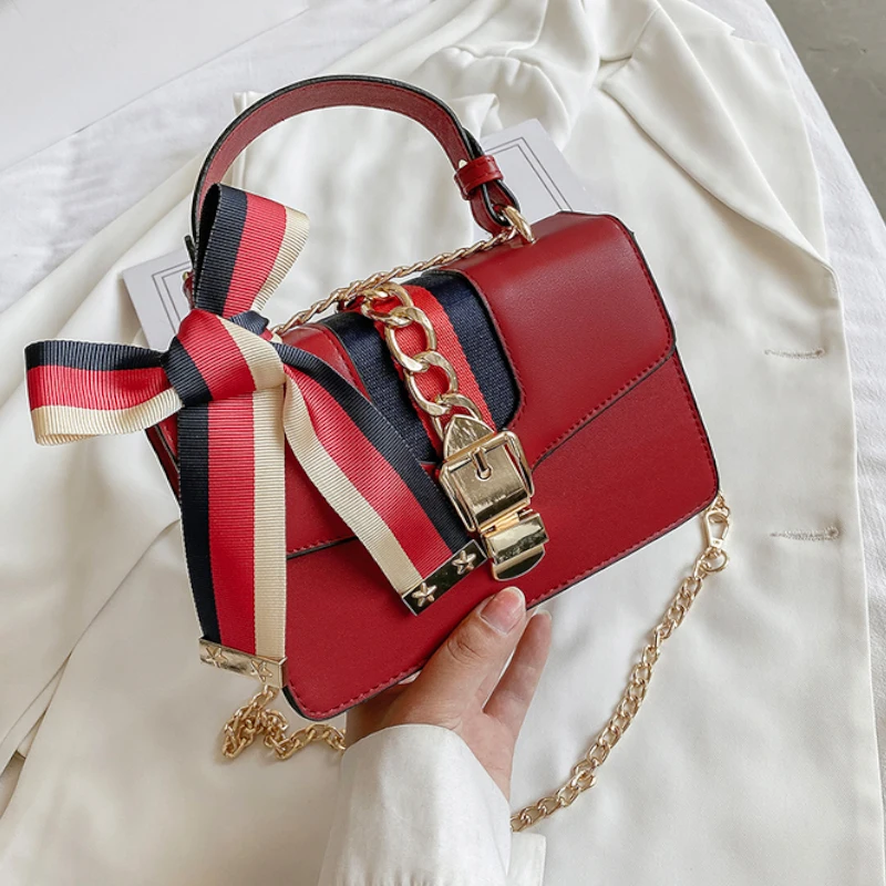 

Fashion Women Ribbons Leather Shoulder Bags Flap Chains Crossbody Bags 2021 New Sac A Main Purses and Handbags Luxury Designer