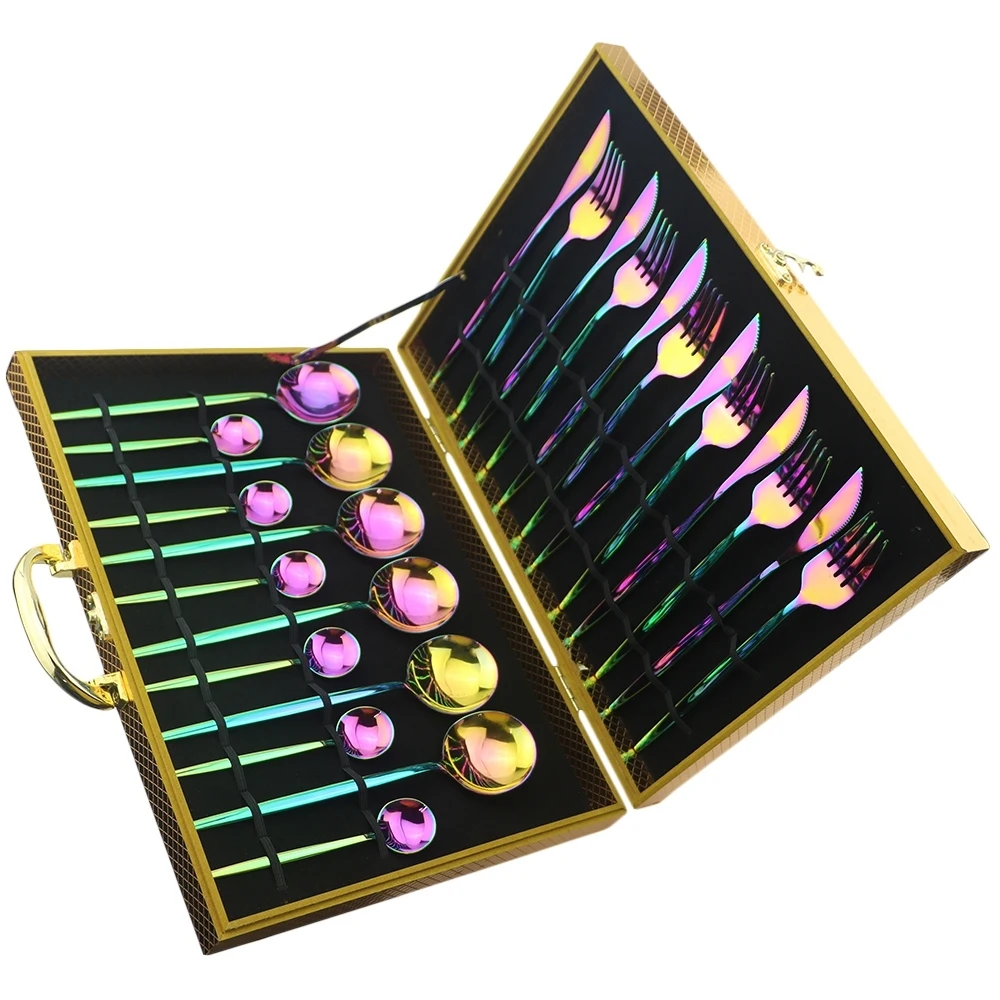 24 шт. роскошный блестящий золотой Набор радужных столовых приборов 304