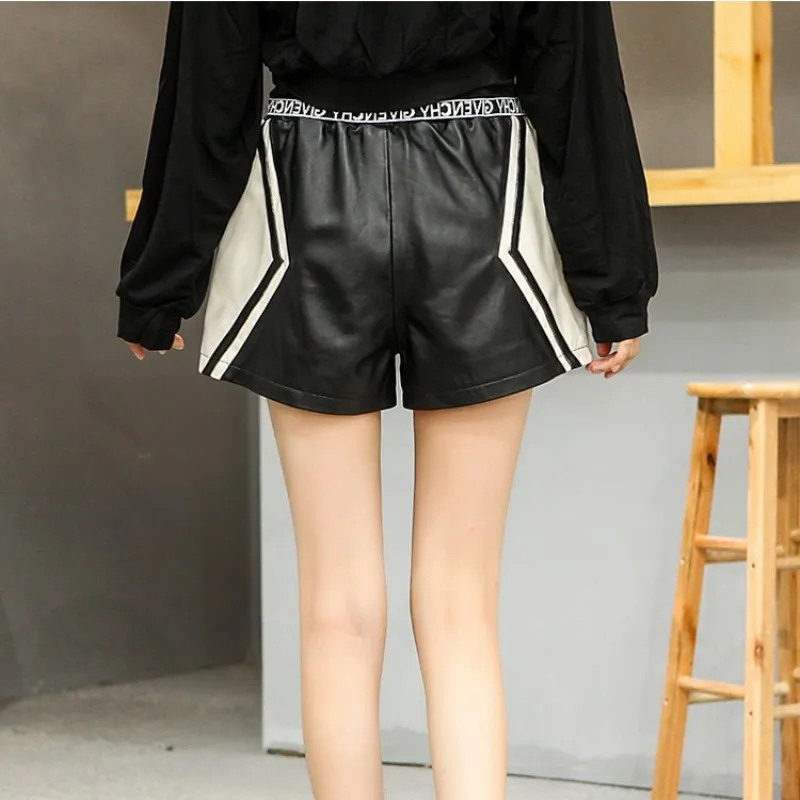 Personality Patchwork Genuine Leather Sweatpants Women Lace Up Elastic High Waist Wide Leg Shorts Casual Sheepskin Mini Shorts