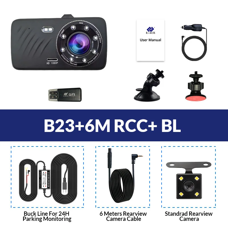 Автомобильный видеорегистратор E-ACE B23, 4 дюйма, сенсорный экран, Full HD, 1080 P, видео, g-сенсор, ночное видение, двойной объектив, камера заднего вида, видеорегистратор