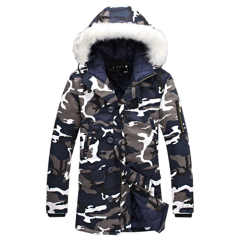 EM045 Blue Мужская парка, хлопок, толстая зимняя куртка, Мужская Новая теплая Модная флисовая длинная куртка, пальто с меховым воротником, Мужская брендовая парка, одежда - Цвет: EM045 Blue