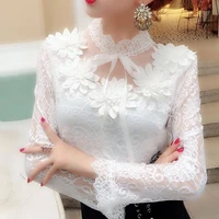 women shirts lace long sleeve blouse bow sweet floral hollow lace blouses shirt female mesh blusas 2021 spring women tops x01f