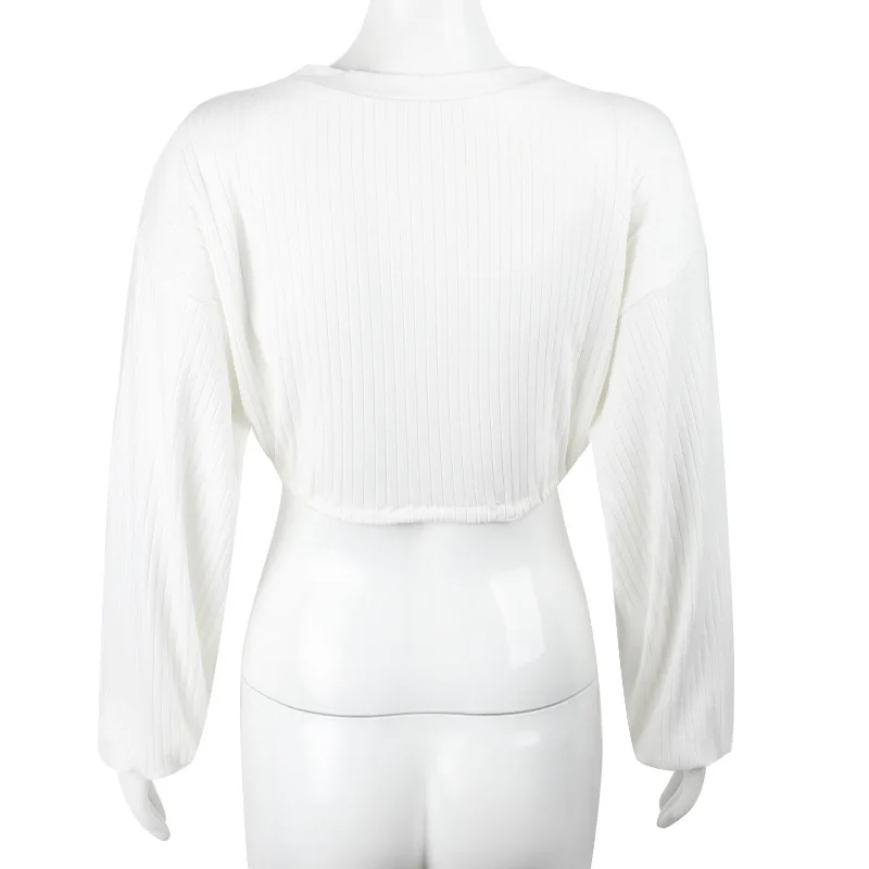 

Women's Solid Color Loose and Thin Simple Sweatshirt Spring New Fashion All-match Short Drawstring Tie Round Neck White Sweater