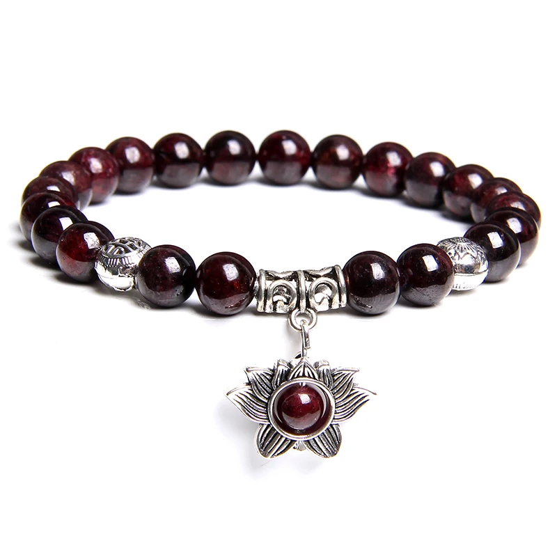 

Women Bracelet Natural Garnet Stretch Bracelets Men Fashion Lotus Charm Bracelets Women Stone Beads Buddha Jewelry Femmes Bijoux