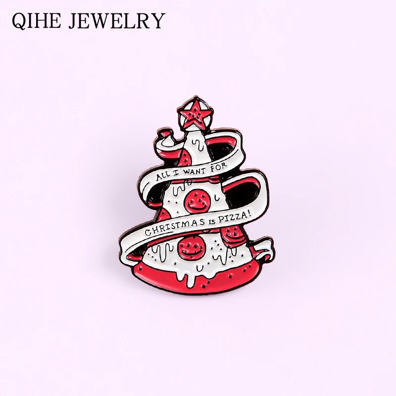 Christmas Tree Pizza Pin &quot All I Want For Is Banner Brooch Funny Custom Enamel Badge Lapel Pins Xmas Jewelry | Украшения и