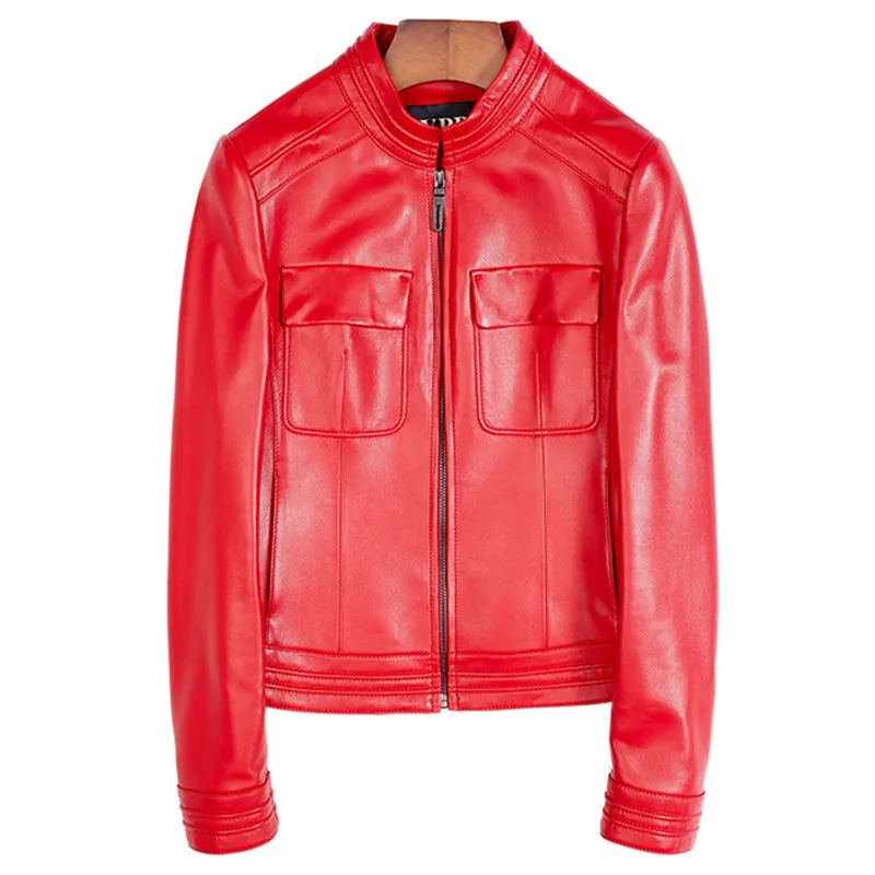 

Женская куртка из натуральной кожи, Классическая байкерская куртка с карманами, красная, базовая верхняя одежда, весна-осень, размера плюс