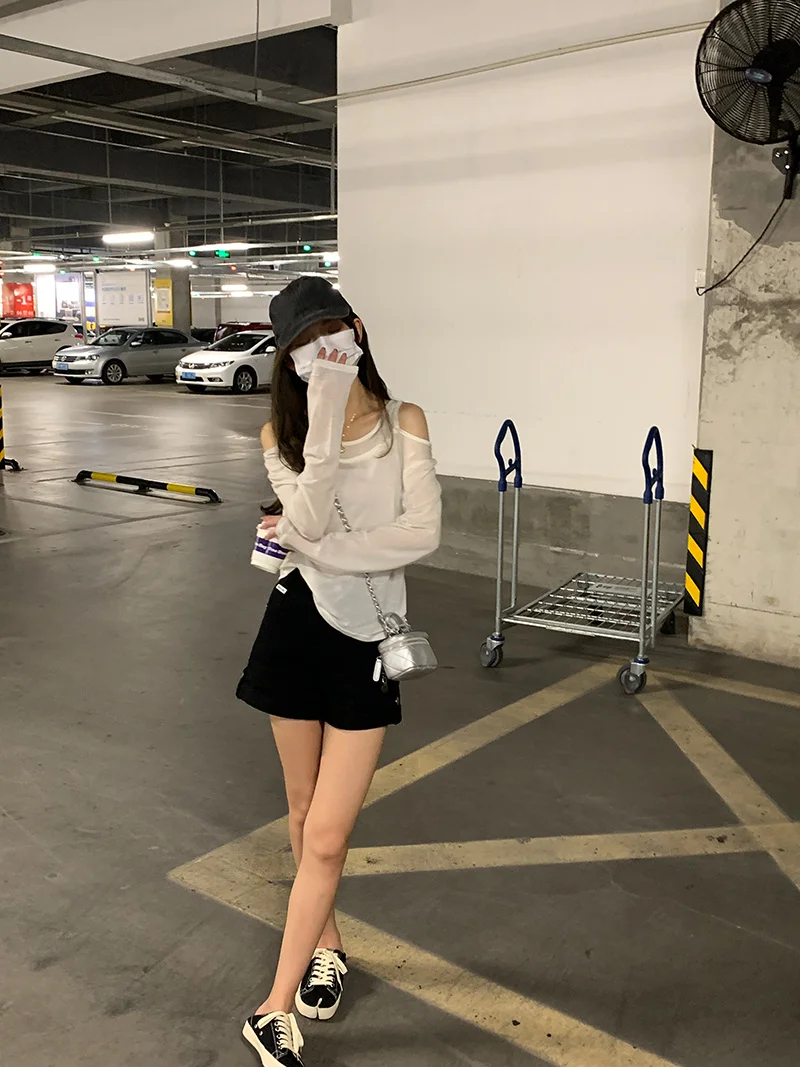 Черный ленивый 3-цветный Топ с длинным рукавом и открытыми плечами женская летняя