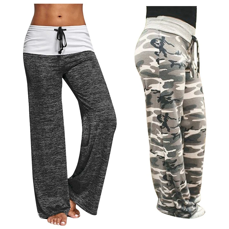 

Women's Joggers Pants Sports Yoga Pants Khaki Camouflage Size M With Casual Solid Drawstring Wide Leg Pants Black Size M