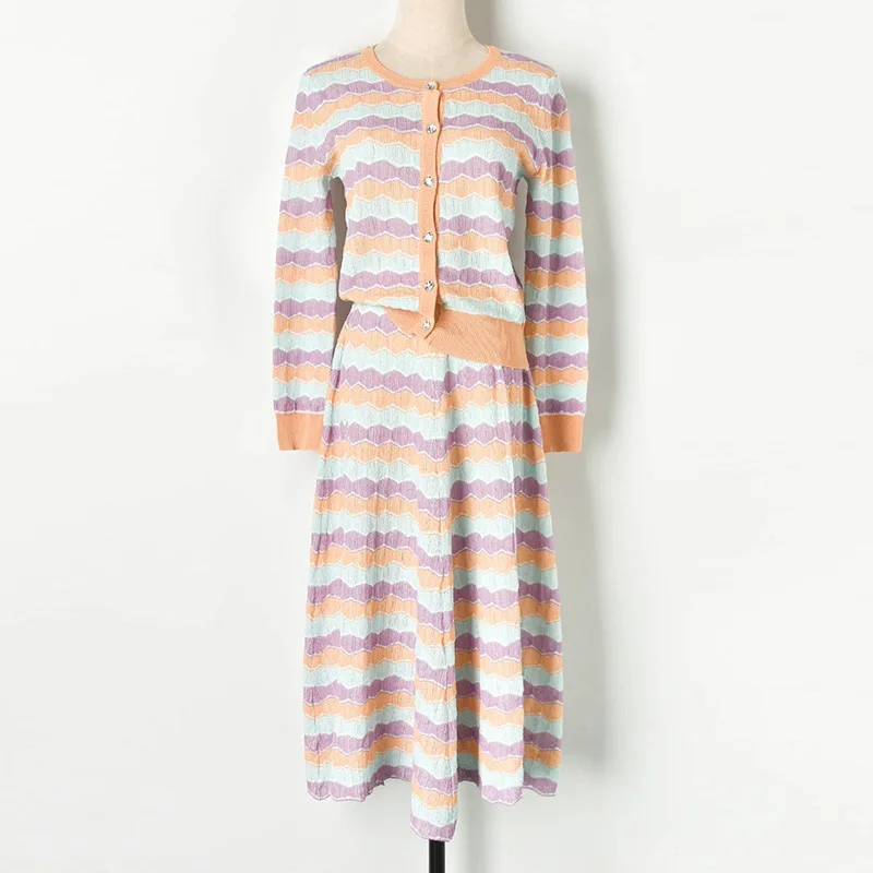 Вязаный женский комплект из 2 предметов 2019 Осенняя популярная цветная полоска