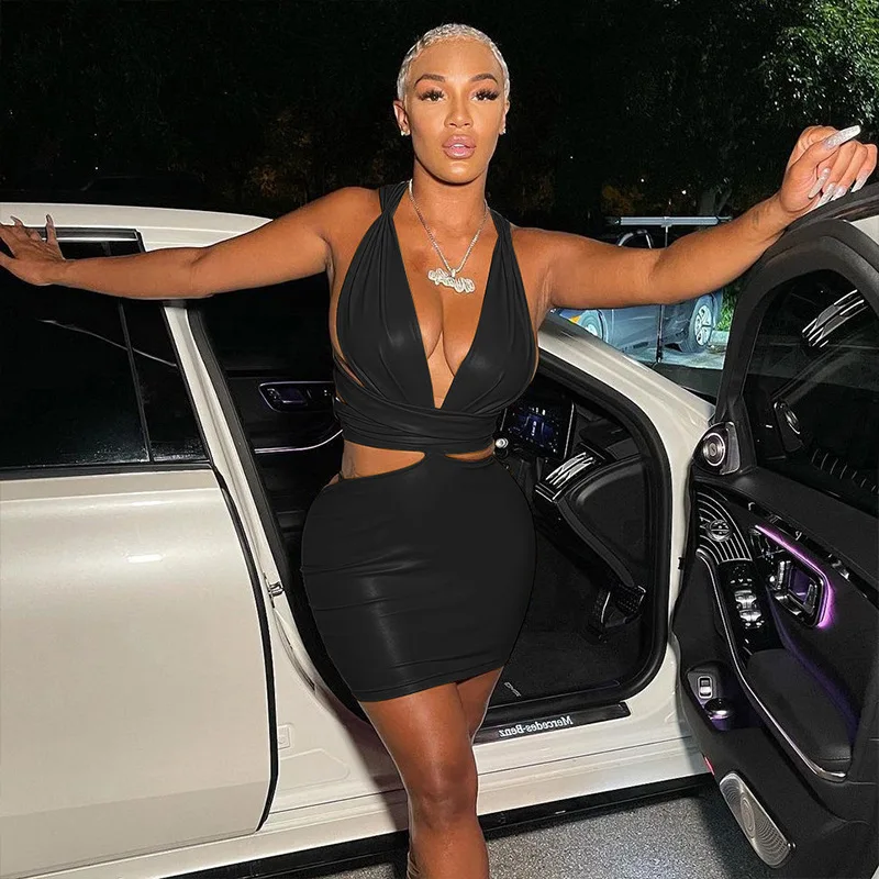 

2021 Fall Womens Fashion Sexy V-neck Lace-up Backless Skinny Leather Wrap Buttocks Bodycon Mini Dress Party Club Short Skirt -40