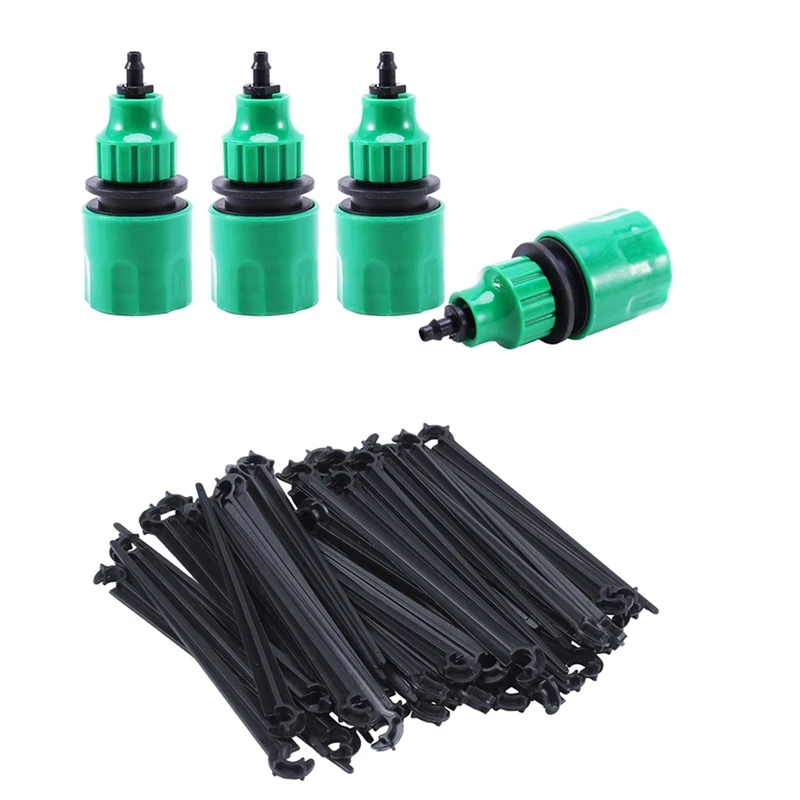 

LBER 4X Garden Hose Pipe One Way Adapter Tap Connector Fitting & 50Pcs C-Shaped Garden 4 / 7Mm Drip Irrigation Pipe Bracket