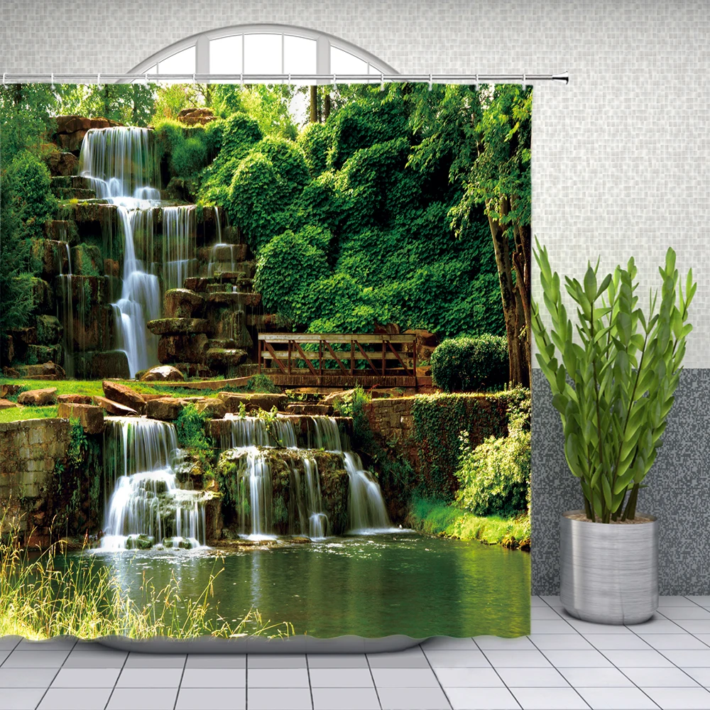 natural scenery shower curtains waterfall green meadow flower spring landscape bathroom decor waterproof cloth curtain set cheap free global shipping