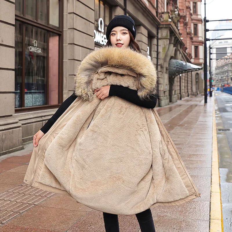 

Autumn/winter new style Korean mid-length plus size quilted jacket plus fleece liner, big fur collar, thicker, overcoming women