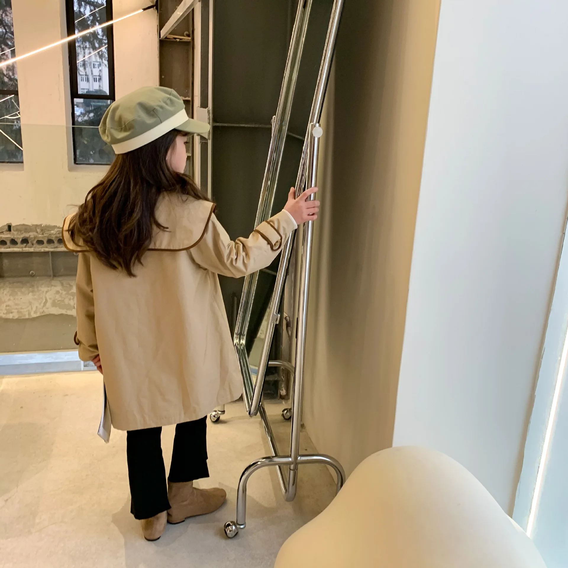 Пальто детское хлопковое цвета хаки с длинным рукавом | Детская одежда и обувь