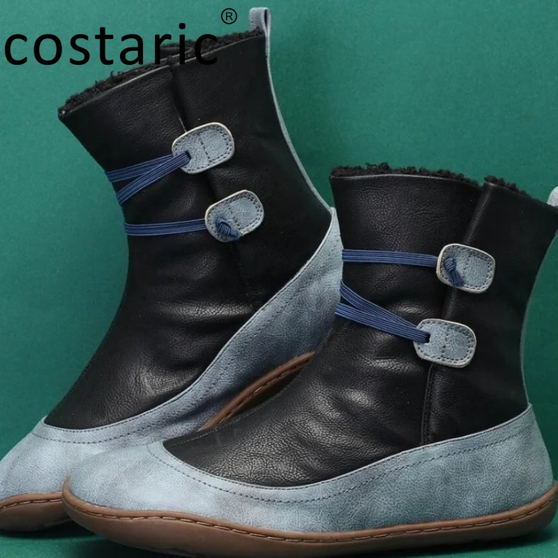 

Winter Bohemia Leather Women's Snow Boots Flat Inside Short Plush Boots for Women Mixed Color Buttons Slip on Women Boots