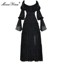MoaaYina Fashion Runway Dress 2021 Women's Summer Long Gorgeous Party Dress Square collar Black Flare Sleeve Elastic waist Dress