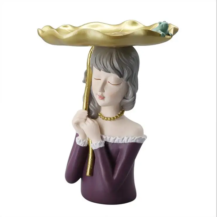 Chinese Lotus Leaf Girl Storage Tray Resin Statues Home Livingroom Box Figurines Crafts Store Clubs Table Sculpture Decoration | Дом и сад