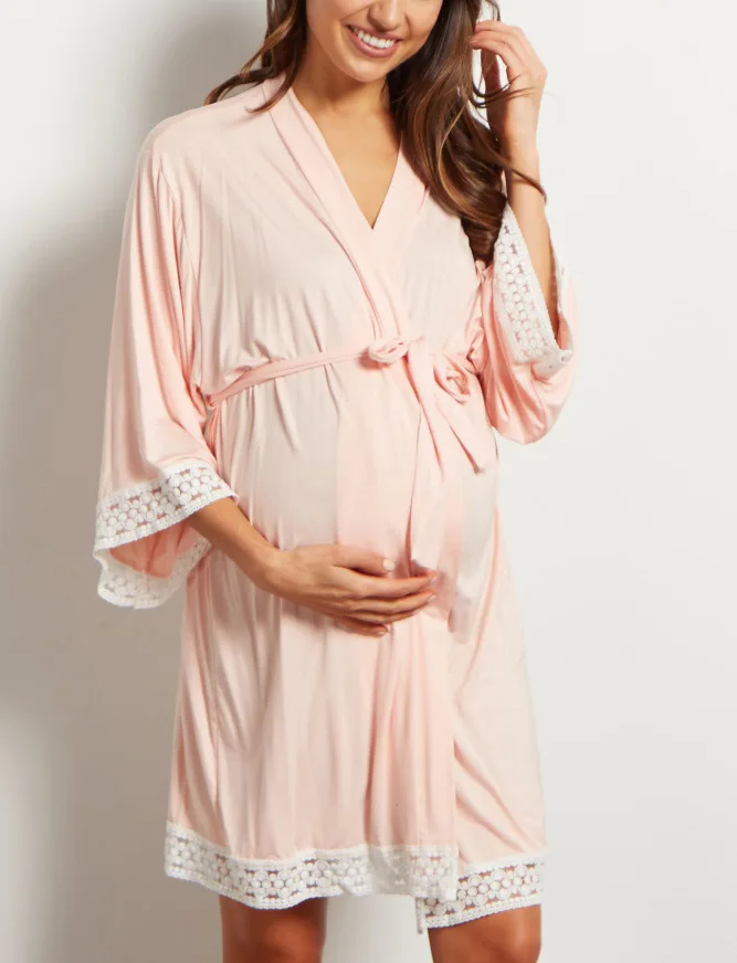 Best selling solid color maternity dress lace stitching seven-point sleeves with cardigan breastfeeding robes pajama | Мать и ребенок