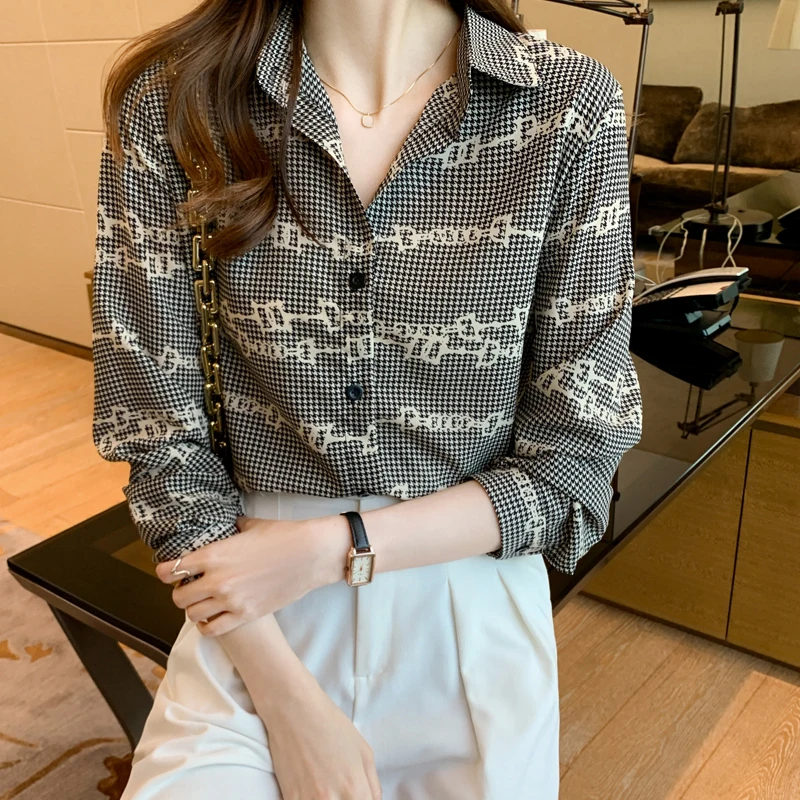 

2021 Autumn Fashion Plaid Woman Blouses Professional Commuter Long Sleeve Botton Shirt OL Style Popular Female Clothing Top