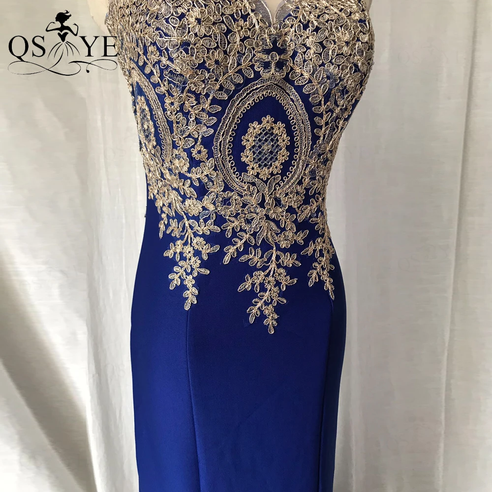 

Royal Blue Long Prom Dresses Golden Appliques Evening Dress Sleeveless Lace Party Gown Illusion Neck Formal Gown Vestido Stretch