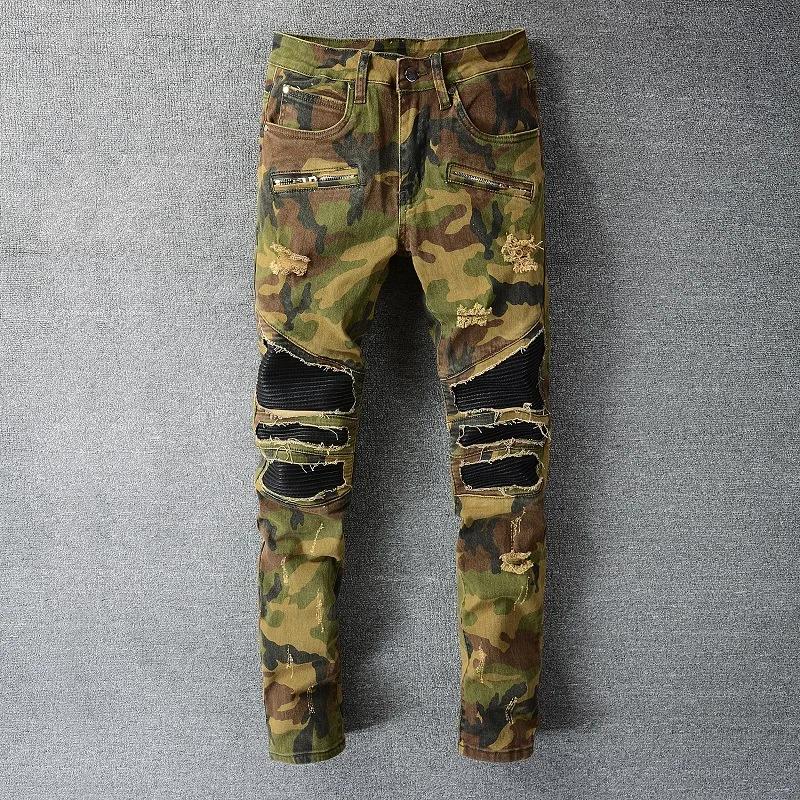2022 New Men's Army Green Camouflage Color Personality Jeans Leisure Slim Stitching Tooling Locomotive Wind Denim Trousers