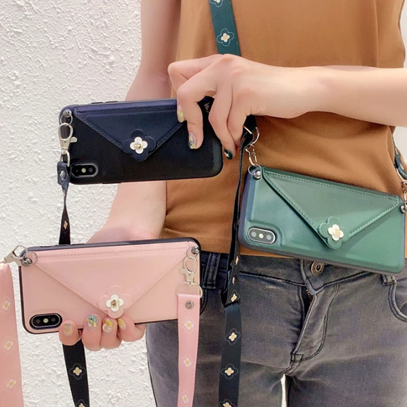 

Luxury Card Package Wallet Crossbody Case For iPhone 12Pro Max 7 8 Plus XR XS Max Flowers Leather Card Slot Lanyard Phone Cover