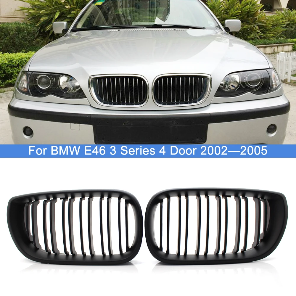 

2Pcs Matte black Car Front Bumper Hood Kidney Grilles Double Slat Racing Grill Trim Cover For BMW 3 Series E46 4 Door 2002-2005