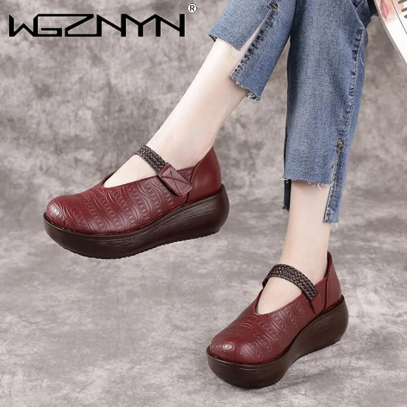 

Spring Autumn Retro Women Genuine PU Leather Shoes National Style Slope Heel Shoes Thick Sole Casual Shoe Ladies Platform Shoes