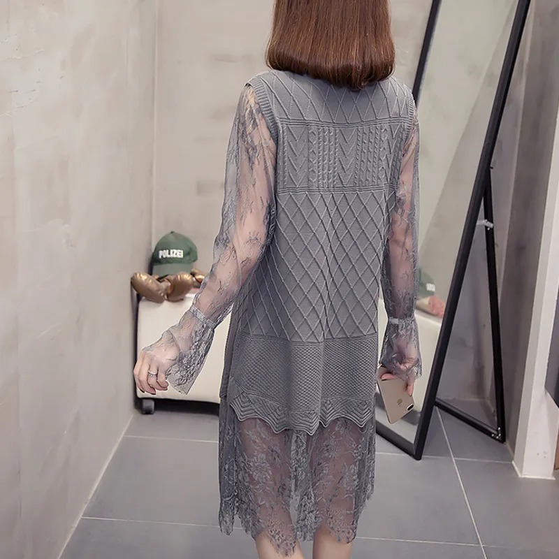 

plus size mesh patchwork knitted dress women 2020 autumn elegant fashion long sleeve embroidery floral loose korean knit dresses