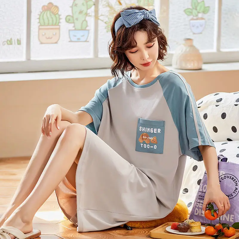 

2021 Spring Summer Women's Nightdress Leisure Pure Cottom Long Sexy Sweet Cute Short Sleeve Thin Homewear Pajamas