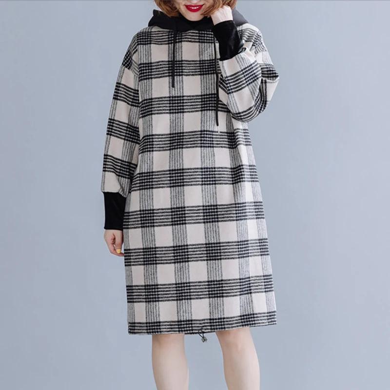 

Johnature 2022 New Plaid Hooded Collar Loose Patchwork Women Dresses Winter Casual Thicken Female Hoodies Dresses