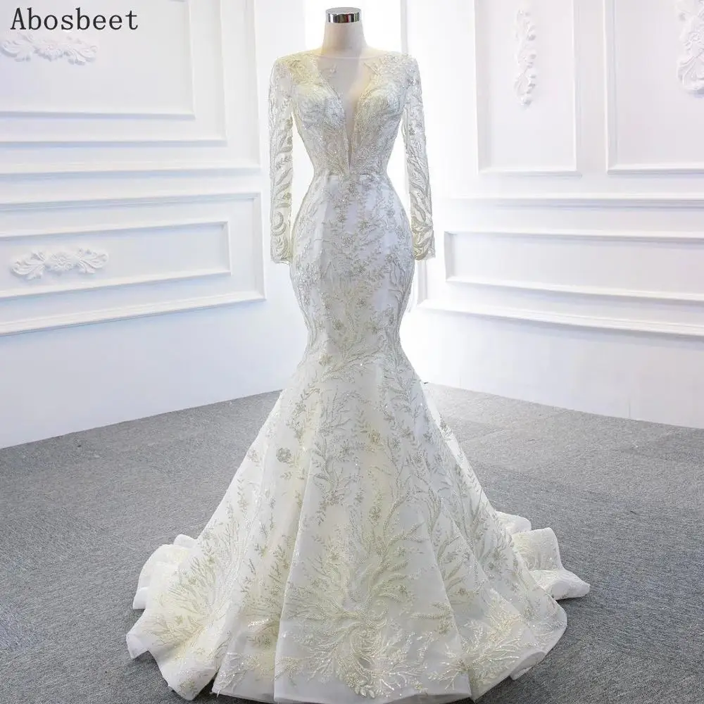 Shining Lace Beading Mermaid Wedding Dress Long Sleeve Detachable Long Train Illusion V Neck Lace Up Wedding Gown 2021