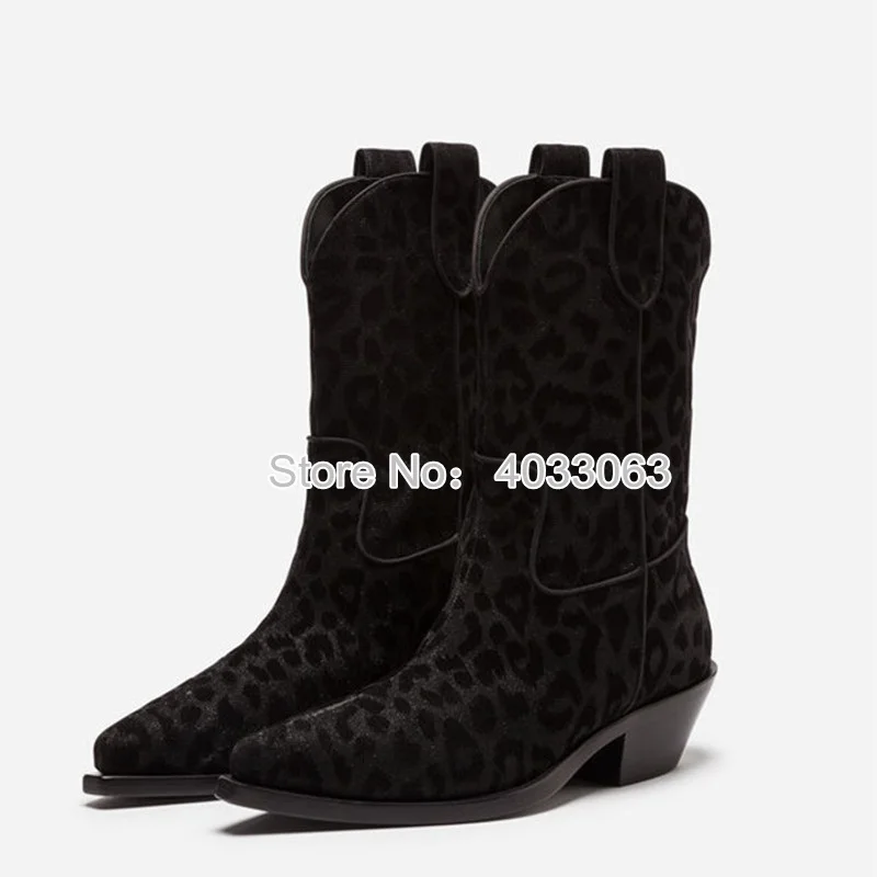 

Shooegle Shoes Woman Bright Velvet Leopard Boots Sexy Pointed Toe Slip On Mid-calf Booties For Women Low Heel Autumn Shoes Boats