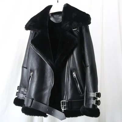 Black Winter Lamb Fur Bomber Real leather Jacket Women New Sheepskin Double Face Shearling Coat Oversized Genuine Leather Jackets - Цвет: Black
