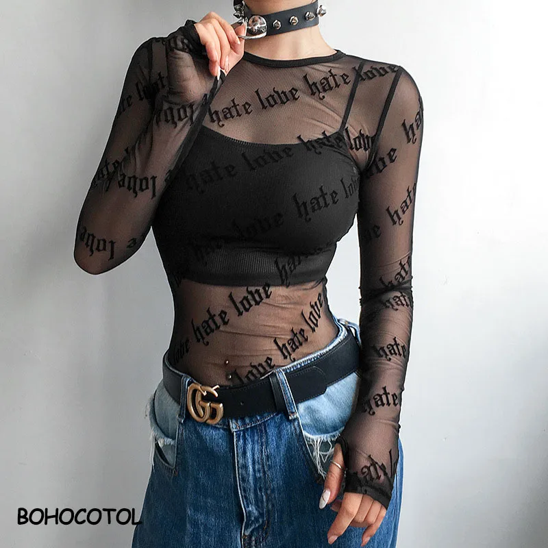 

Europe and the United States 2020 explosion models letter personality printing perspective sexy mesh long sleeve t-shirt top wom