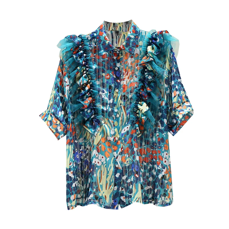 

Hit Colors Print Ladies Tops Summer 2021 Chiffon Women Shirt Camisas Mujer Female Turn-down Collar Short Sleeve Button Up Shirt