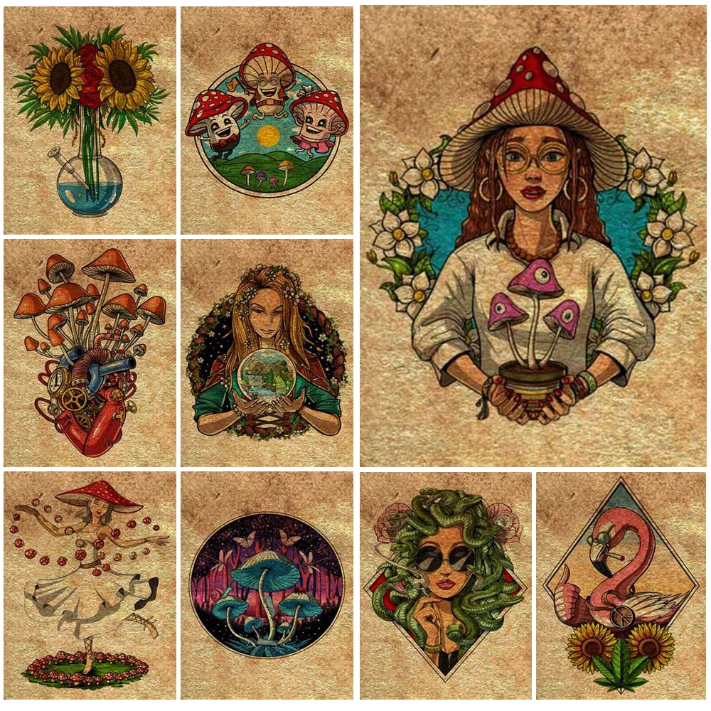 

Vintage Mushroom Girl Magic Art Poster Wall Art Canvas Painting Home Decor Posters and Prints Wall Pictures For Living Room