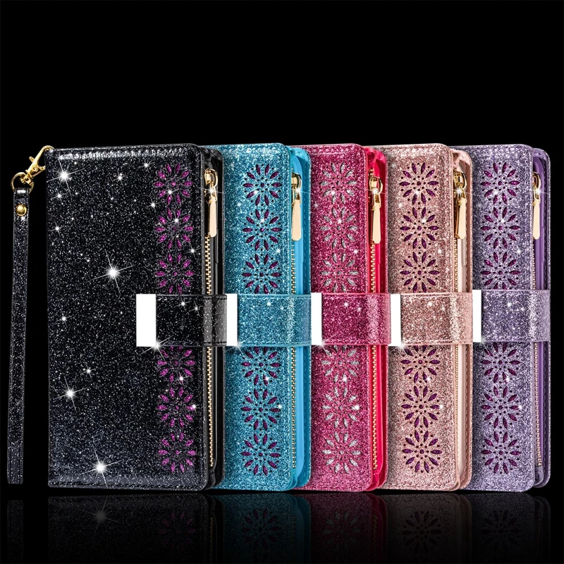

Luxury Glitter PU Leather Wallet Card Slots Flip Case For iPhone 13 12 11 Pro Max XS Max XR X 6S 6 8 7 Plus Stand Cover Fundas