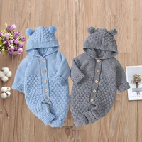 autumn and winter baby hooded one piece solid color knitted one piece romper
