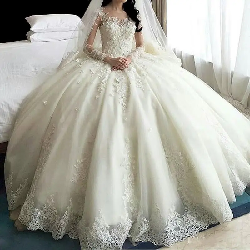 Купи Dubai Crystal Flowers Ball Gown Wedding Dresses New Long Sleeve Muslim Lace Appliques Wedding Gowns Bridal dress Hot Sale за 8,232 рублей в магазине AliExpress