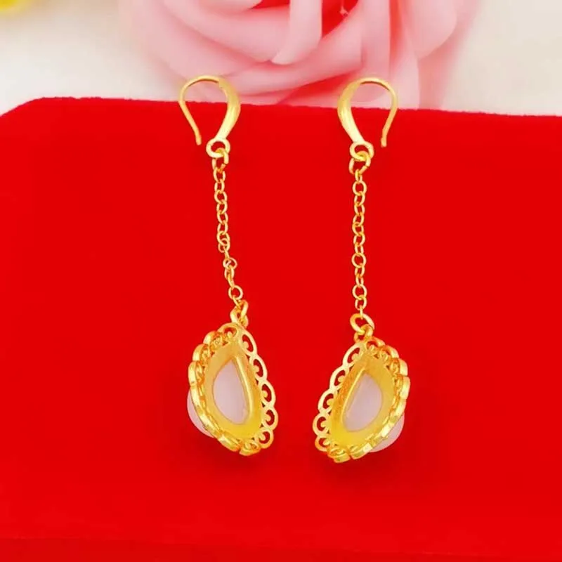 

Pure Gold Color Earrings for Women Fashion 24k yellow Gold Color Green / White Crystal Water-drop Dangle Earrings Jewelry Gifts