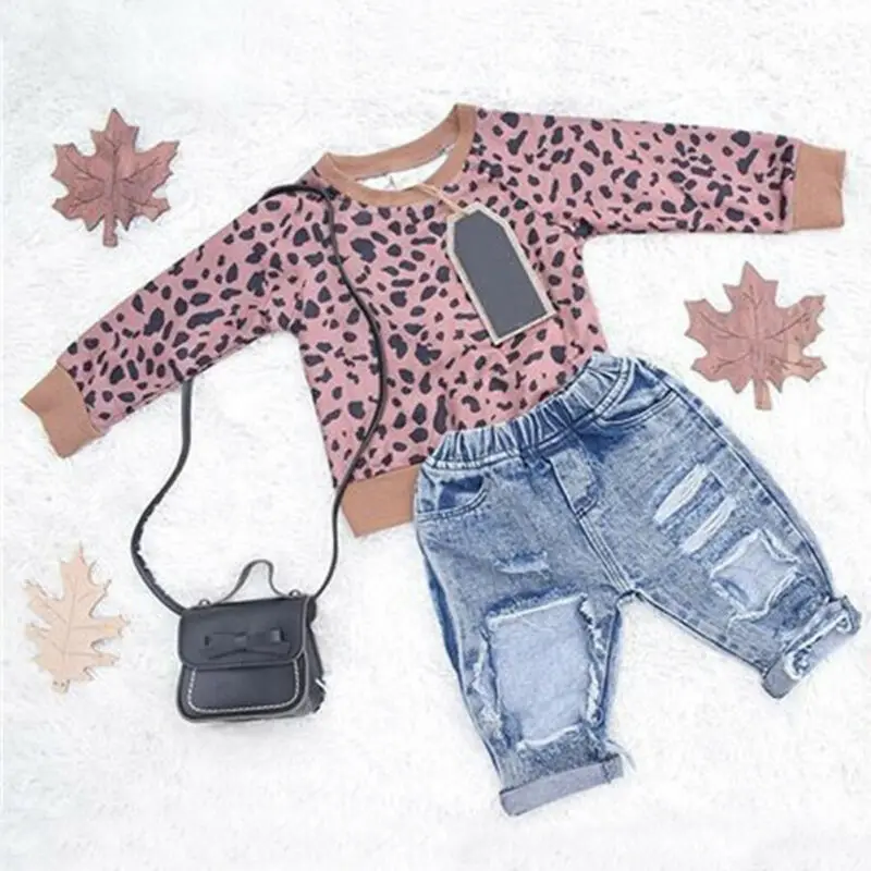 

Милый модный весенне-осенний топ с длинными рукавами для маленьких девочек, джинсовые штаны, одежда леопардовой расцветки, комплект одежды