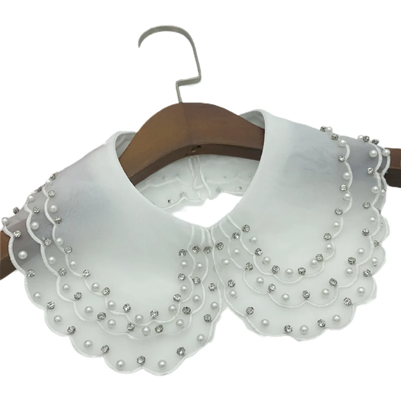 

Rhinestone Pearl Handmade Beading Fake Collar Shawl 3 Layered Organza Decorative Half Shirt Necklace Detachable Mini Poncho