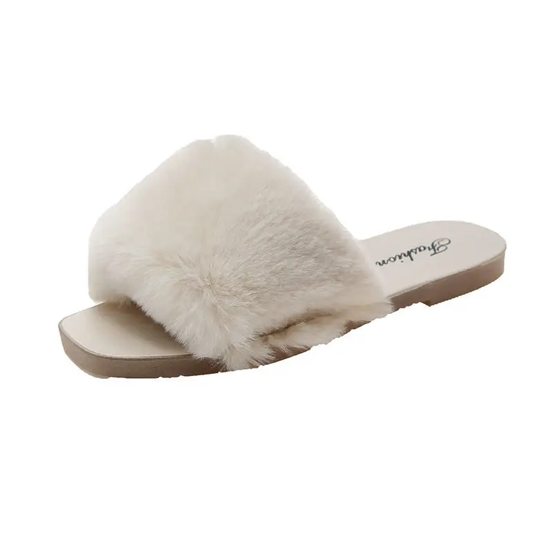 2021 Summer Women House Slippers Faux Fur Fashion Shoes Woman Slip on Flats Female Slides Black Pink Cozy Home Furry Slippers