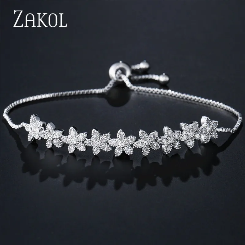 ZAKOL, Новое поступление, белый Фианит, циркон, камни, цветок, шарм, регулируемые браслеты для женщин, модные свадебные ювелирные изделия, FSBP2136 - Окраска металла: White Color