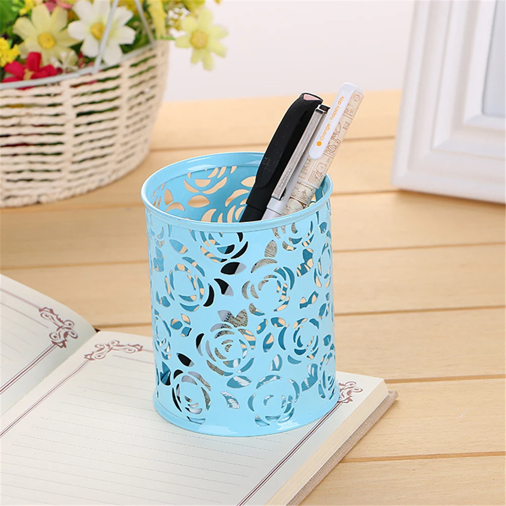 

Pen Container Rose Flower Hollow Pencil Holder Round For Office School Metal Durable